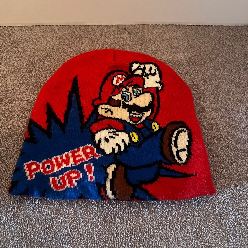 Vintage Super Mario Bros POWER‎ UP! Red Knit Beanie Hat Boys Ninos Garcons